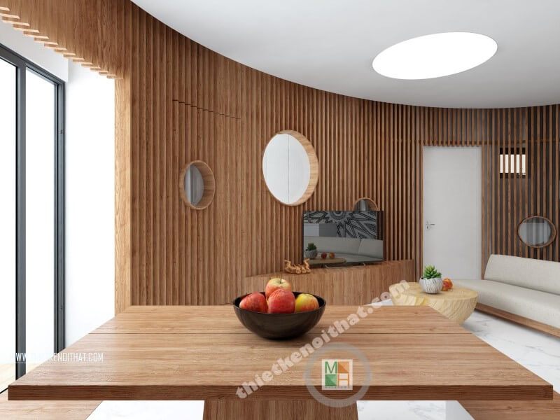 Thiết kế bàn ăn hiện đại cũng để lại ấn tượng đầy mới lạ với những nét ngang và thẳng tạo cảm giác không gian được trải rộng hơn.