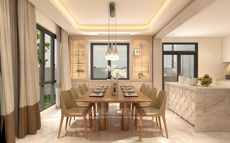 Ấn tượng với bộ bàn ăn gỗ tự nhiên cao cấp với những đường vân tinh tế, đường nét đơn giản cuốn hút tạo điểm nhấn nổi bật cho căn phòng