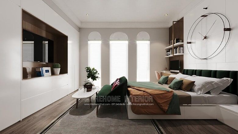 Mẫu tủ quần áo phòng ngủ nhà biệt thự này được sản xuất từ chất liệu gỗ MDF lõi xanh chống ẩm, màu trắng.