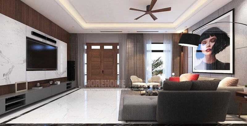 Sắp xếp nội thất phòng khách hiện đại đẹp, sang trọng từ đá ốp tường vân mây, tranh treo tường nghệ thuật cùng sofa hiện đại cao cấp.